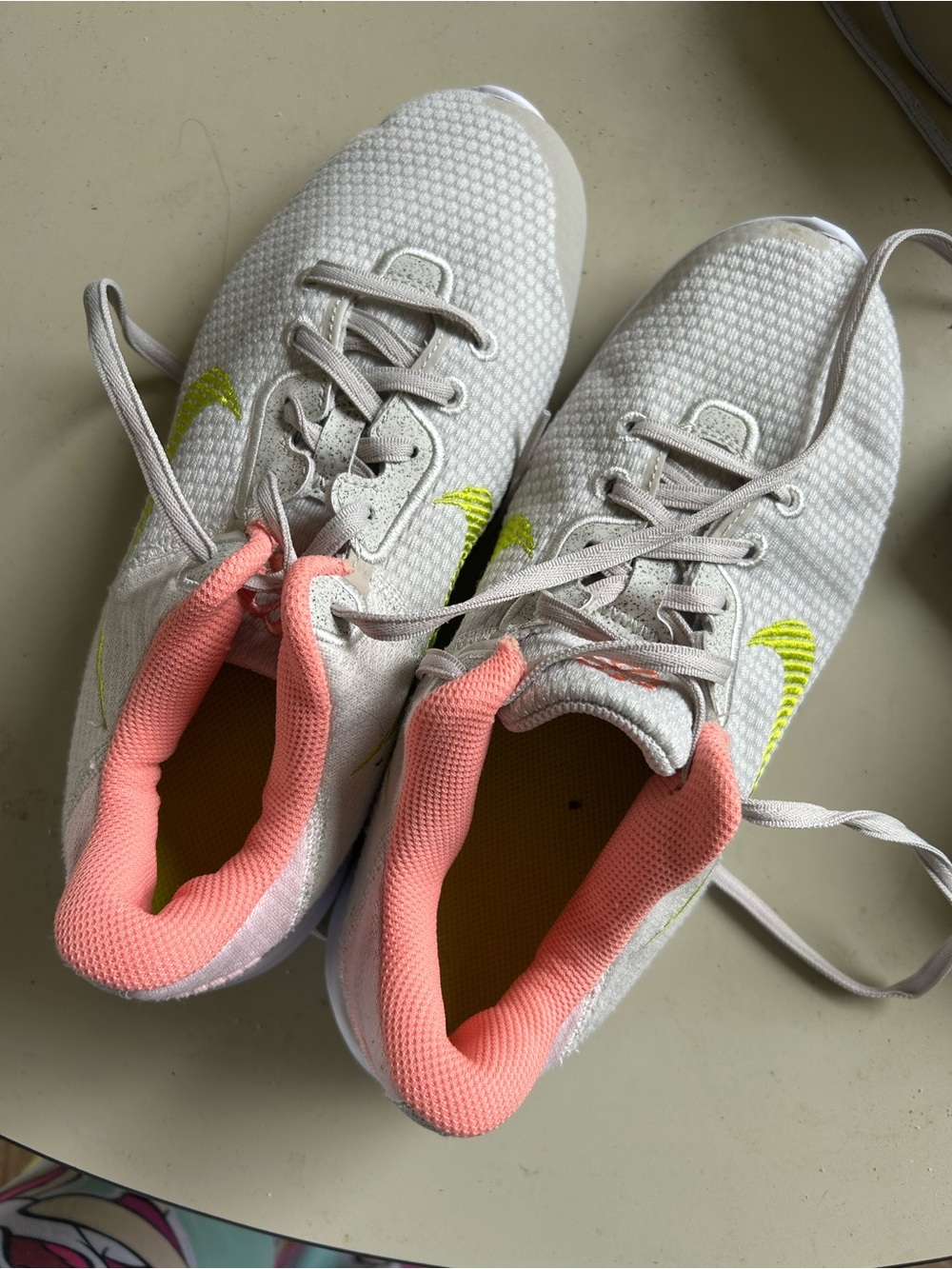 Nike Kids White Mesh Sneakers with Pink Collar and Neon Yellow Swoosh
